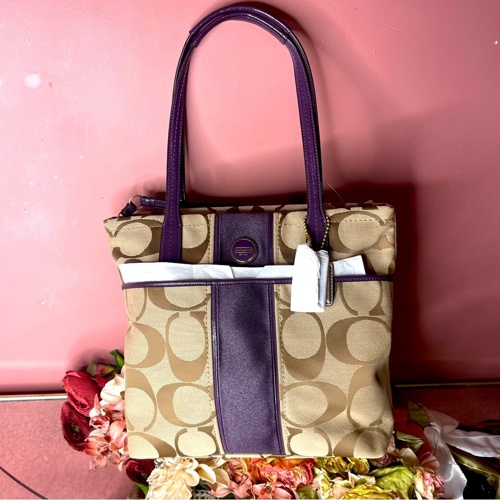 Coach Signature Tan and Purple Tote Bag - Picture 9 of 9